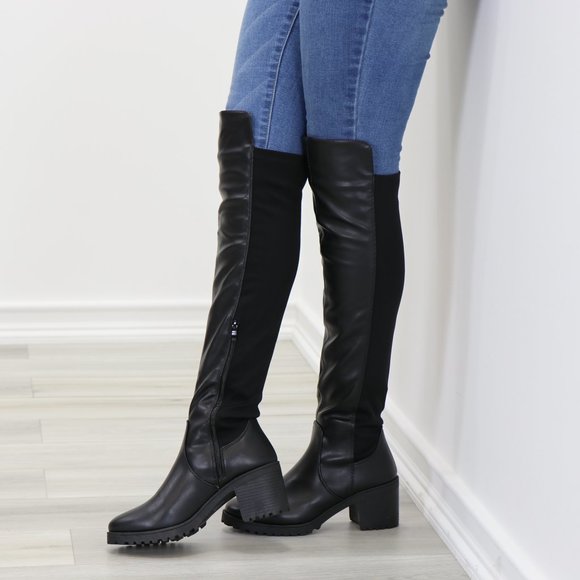 Black Over The Knee Boot Chunky Lug Heel Faux Dual Leather And Stretchy Material - Picture 9 of 15